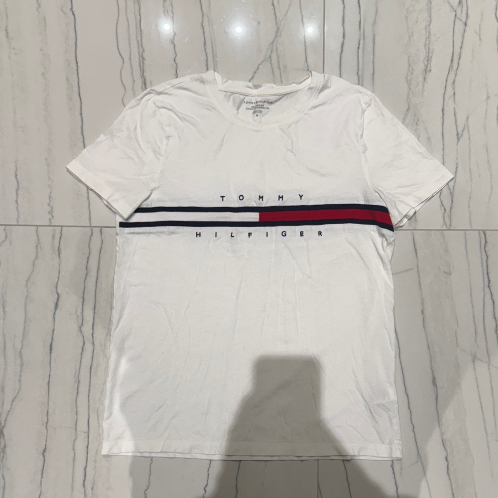 Tommy Hilfiger- White Tee with Red and Blue Stripe - US M